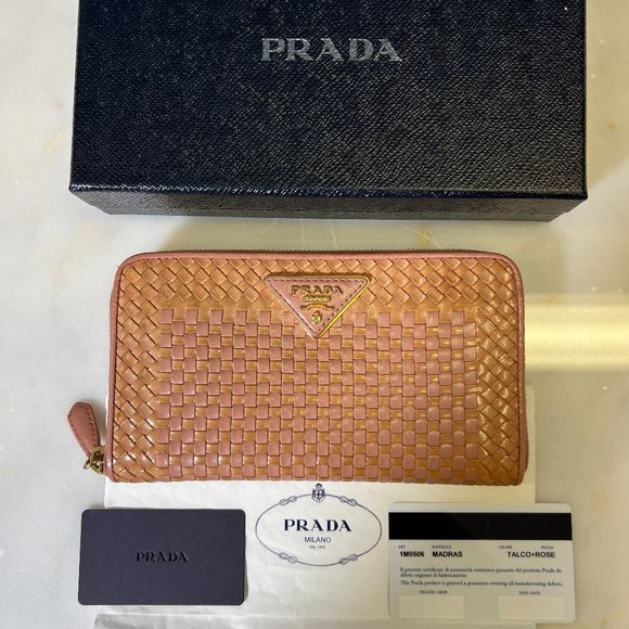 Prada Madras Woven Wallet Talco + Rose - Picture 1 of 7
